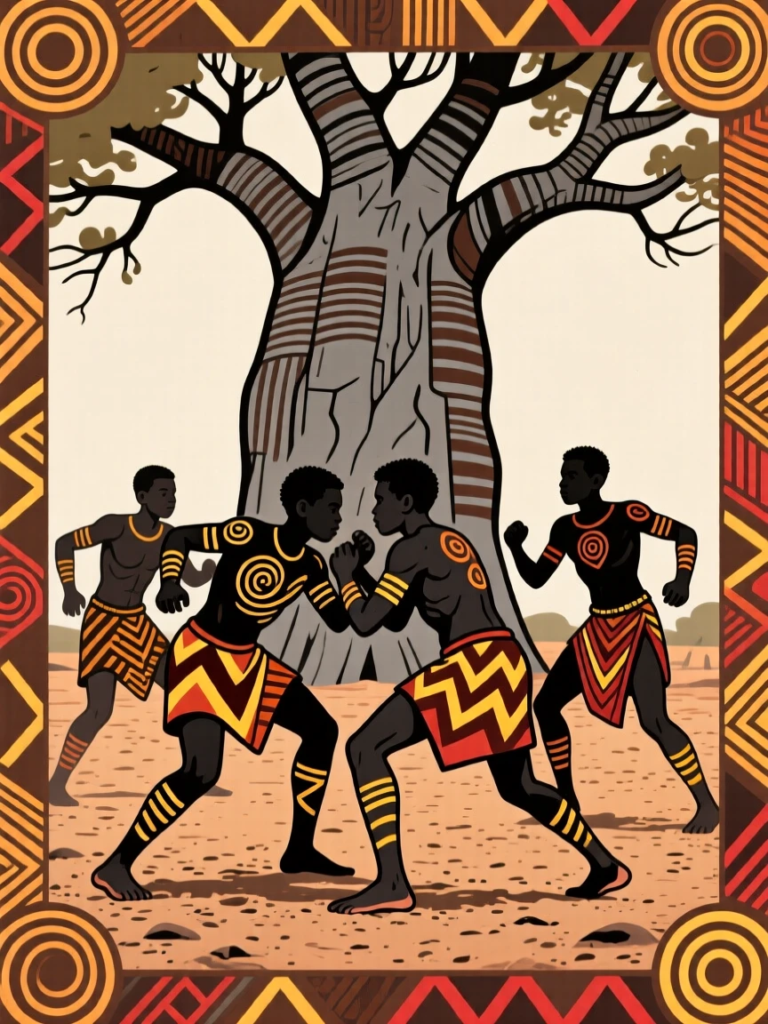 A group of boys practicing wrestling in the dirt under the shade of a large baobab tree.
