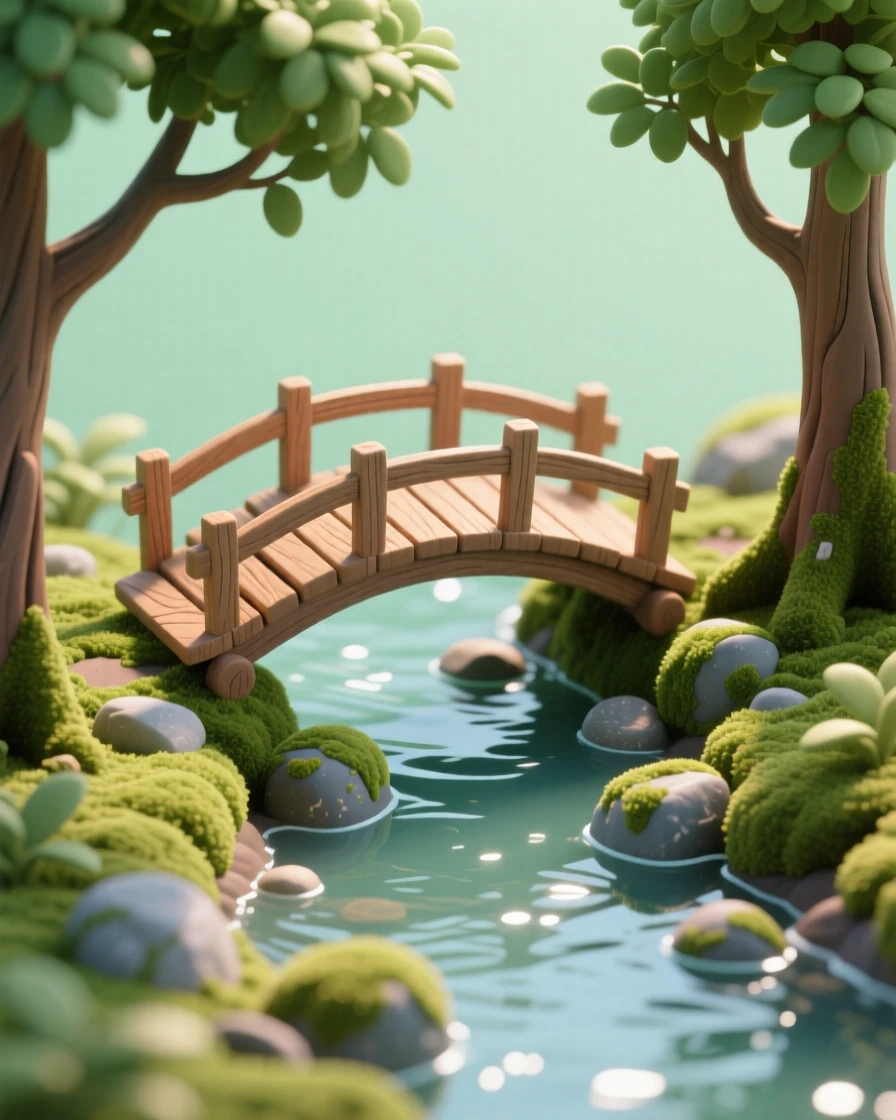 A quiet forest stream with moss-covered stones, a small wooden footbridge, and sunlight dappling through overhanging branches.