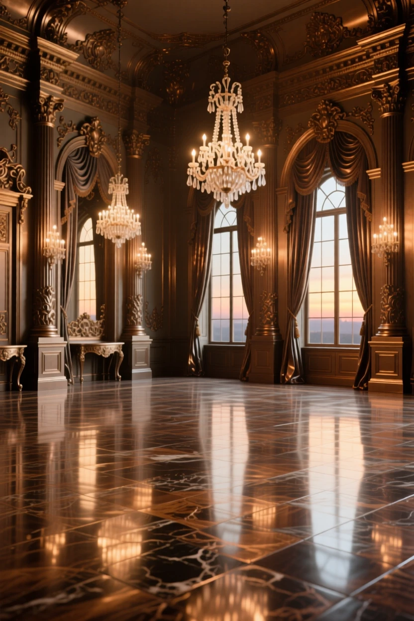 A grand palace ballroom reflected in polished marble floors, glowing softly in the light of dusk, exuding timeless grandeur