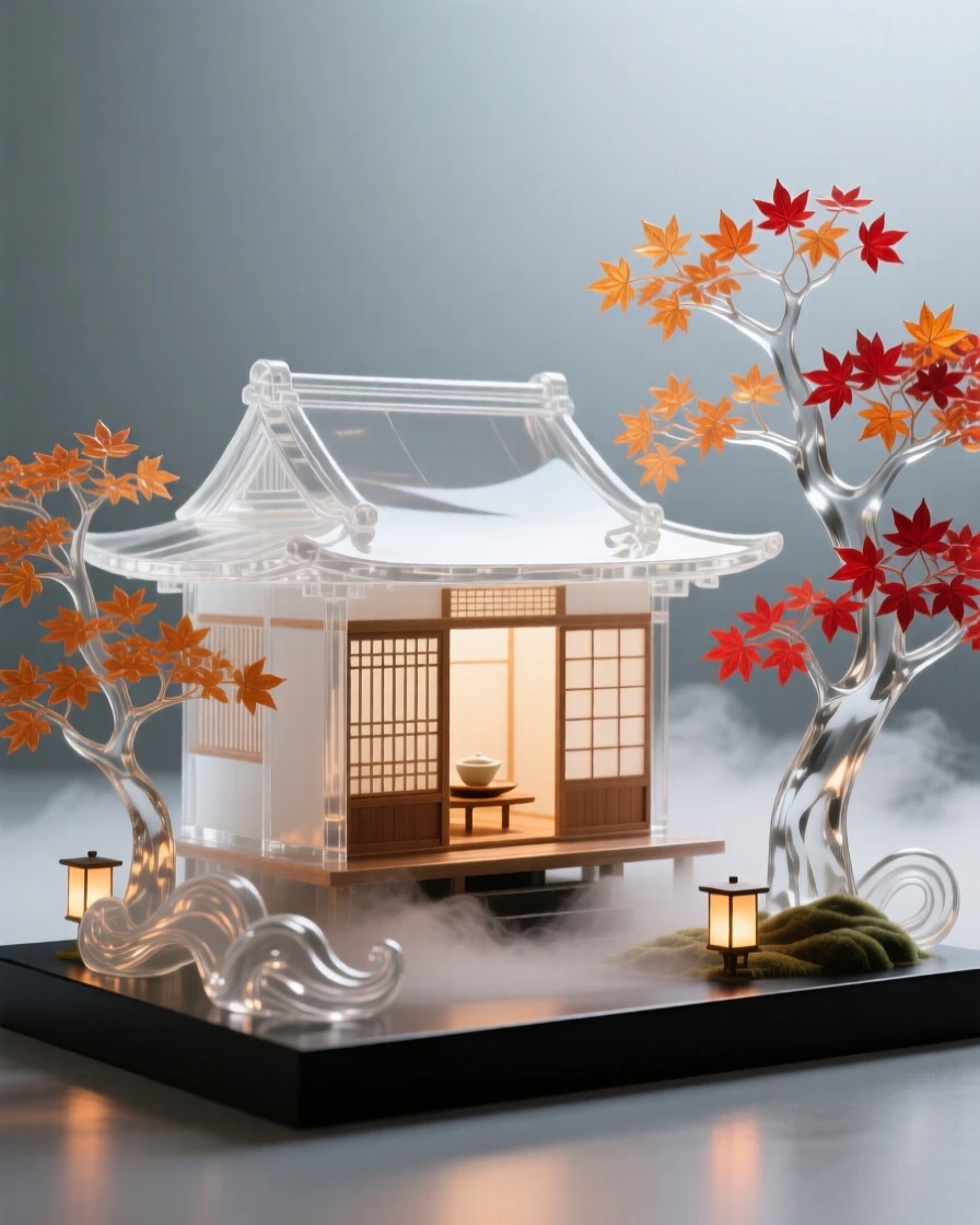 A traditional Japanese tea house in a maple garden surrounded by lush greenery and soft morning mist, wide establishing composition, feeling serene and majestic.