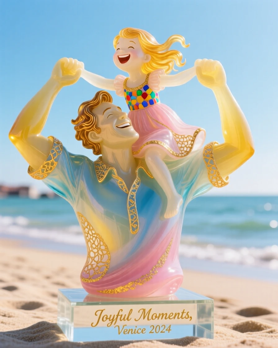 A father lifting his laughing daughter onto his shoulders at a sunny beach, joyful and tender.