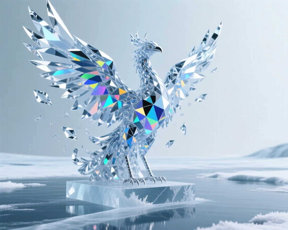 A frost phoenix rising from a frozen lake, ice crystals shattering around its wings.