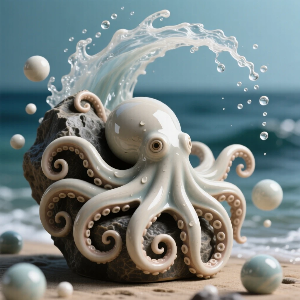 A octopus curling its tentacles around a rock breaching in a dramatic arc of spray, surrounded by drifting bubbles, evoking the vast serenity of the ocean.