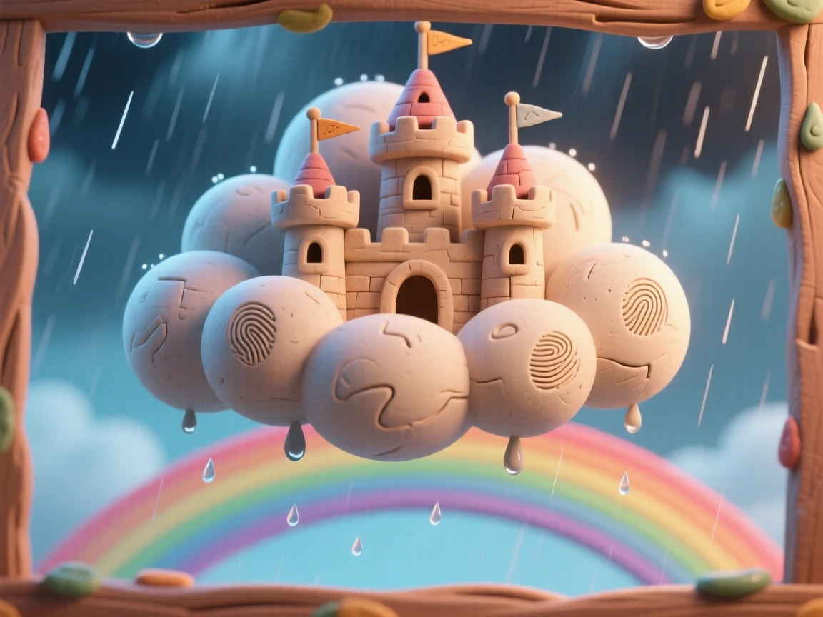 A cloud castle drifting above a rainbow after a storm