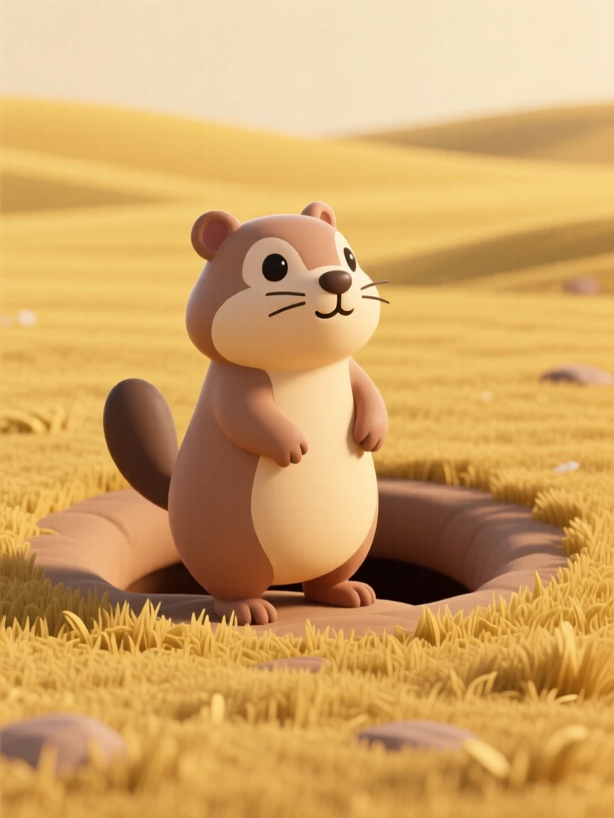 A curious prairie dog pops up from its burrow, standing alert on hind legs across a golden grassland.