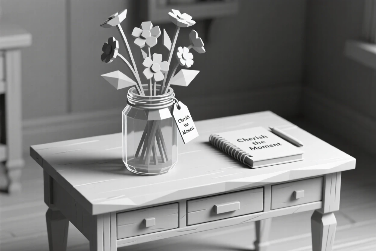 A bouquet of wildflowers in a mason jar, on an antique writing desk. a shallow depth of field isolates the main object. The atmosphere feels cozy and personal.