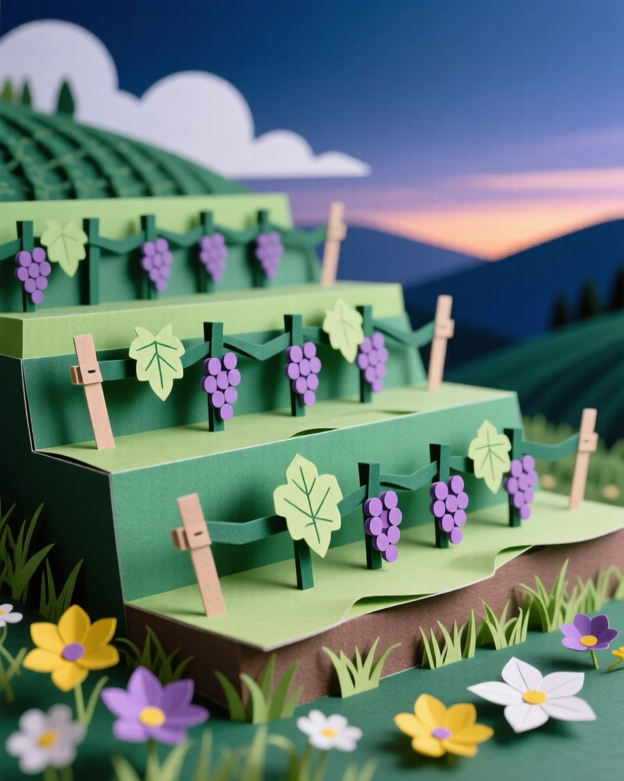 A terraced hillside vineyard at dusk in the deep blue hour after dusk, with wildflowers scattered through the foreground, conveying quiet wonder and stillness.