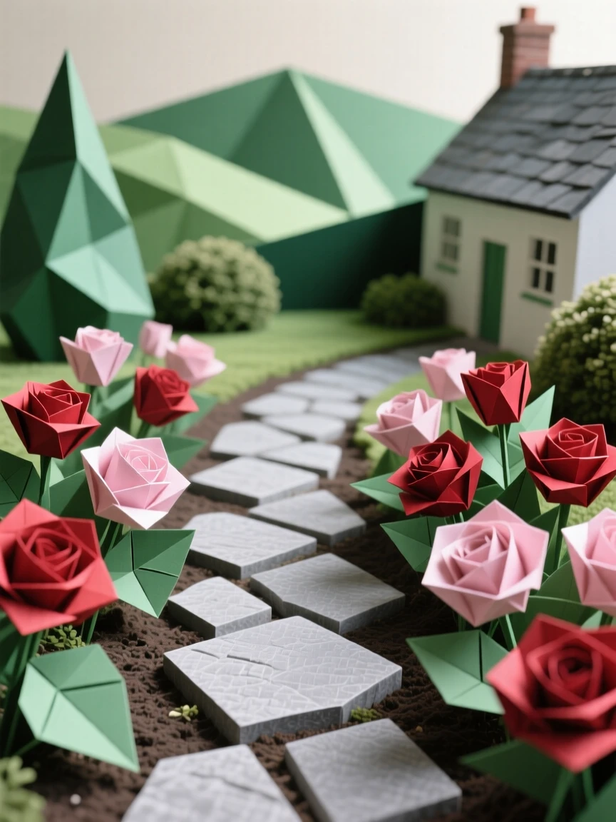 A traditional English cottage garden overflowing with roses along a stone path.