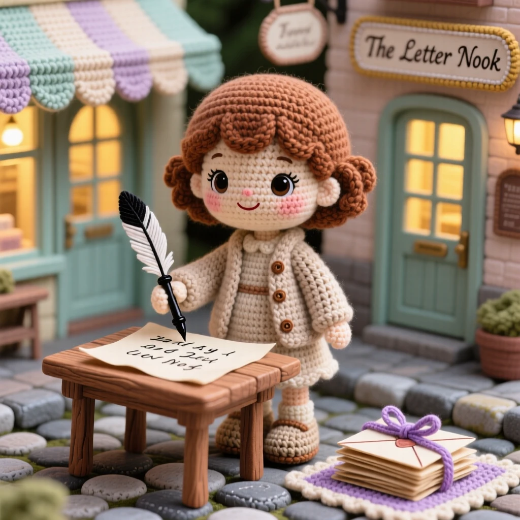 A charming scene of a little girl calligrapher with an inked quill in hand, practicing careful letters on parchment inside a charming cobblestone street lined with shopfronts; a stack of handwritten letters tied with ribbon adds to the moment, full of warm, homespun charm and quiet dedication.