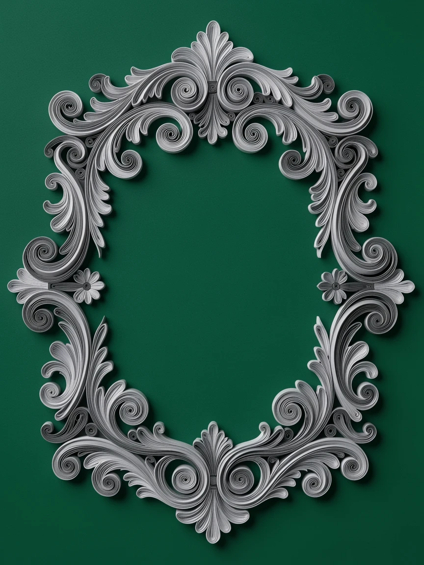 an elaborate baroque-style decorative frame, set against a deep emerald background, spiraling outward in a hypnotic rhythm, in soft monochrome tones of dove grey.