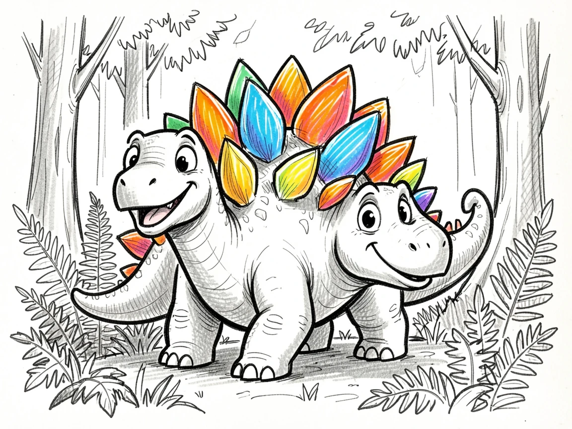 A friendly stegosaurus with colorful plates at the edge of a prehistoric forest.