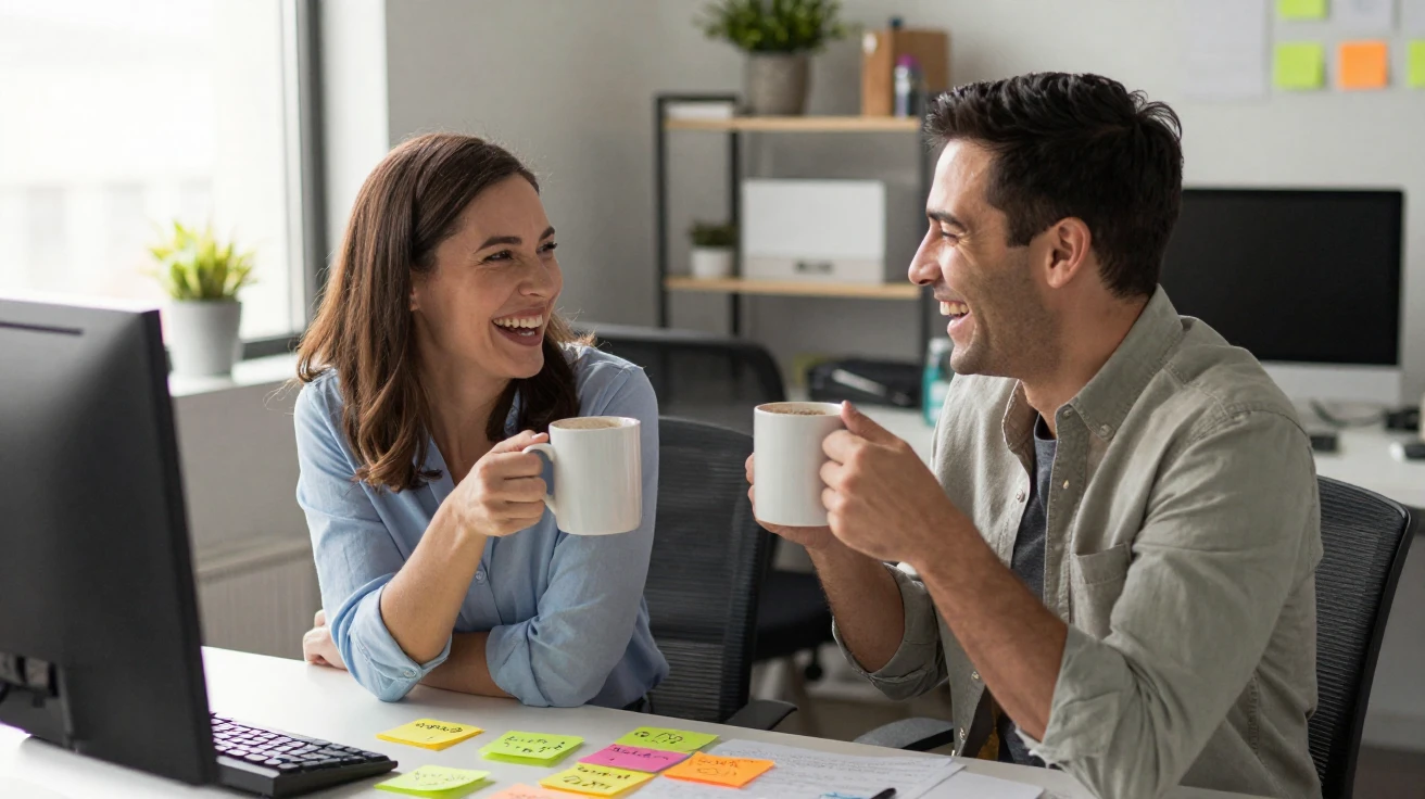 Two office coworkers who became close friends share a laugh over coffee at a desk covered in sticky notes.