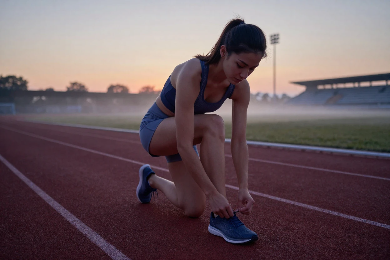 A young athlete tying her running shoes before dawn practice on an empty track