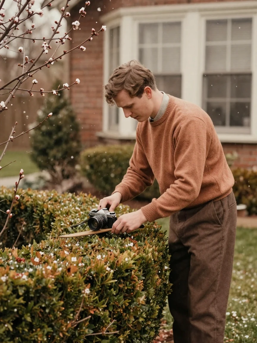 A gardener trimming hedges in a quiet suburban yard, in soft window light, amid gently falling snow, as spring blossoms unfurl, in earthy terracotta and ochre shades, from a three-quarter angle.