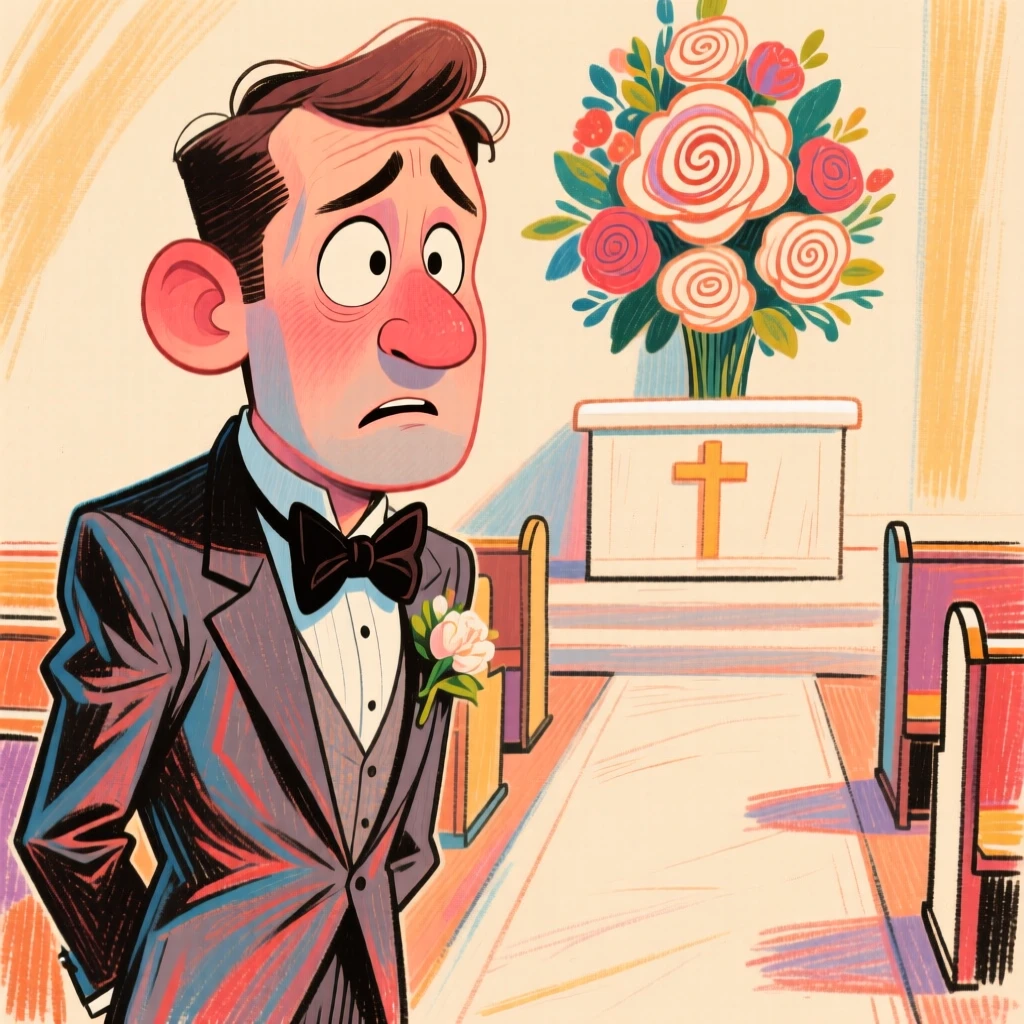 A groom nervously waiting at the altar, glancing toward the aisle with anticipation.