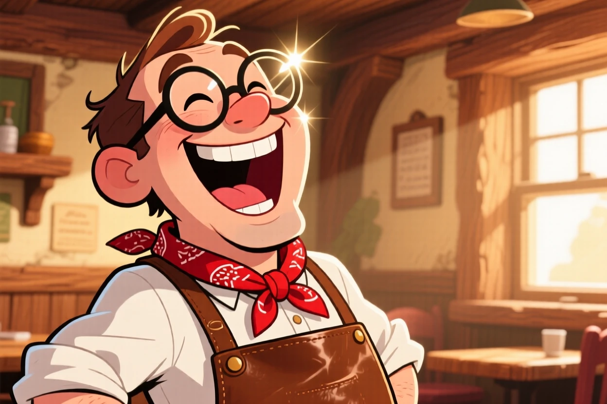A charming portrait of a jolly innkeeper, throwing their head back in hearty laughter, with sunlight glinting off their glasses.