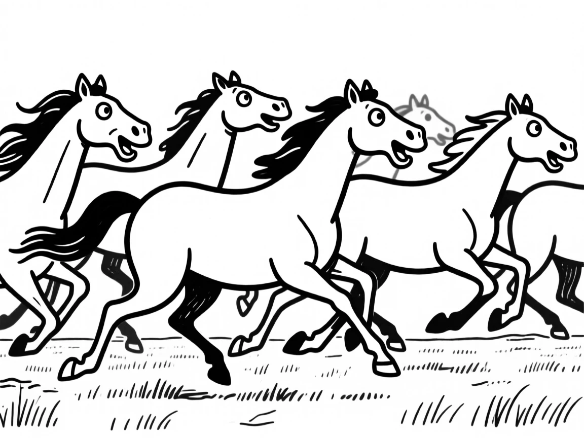 A herd of wild horses galloping freely across an open prairie.
