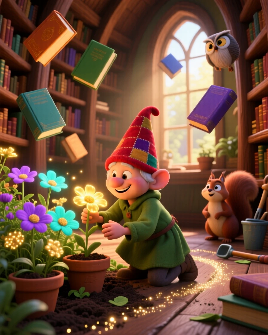 A tiny gnome gardener stands in a hidden library filled with floating books, tending to a garden of luminous flowers. The atmosphere feels mystical yet warmly inviting, with a trail of glimmering dust following each step.