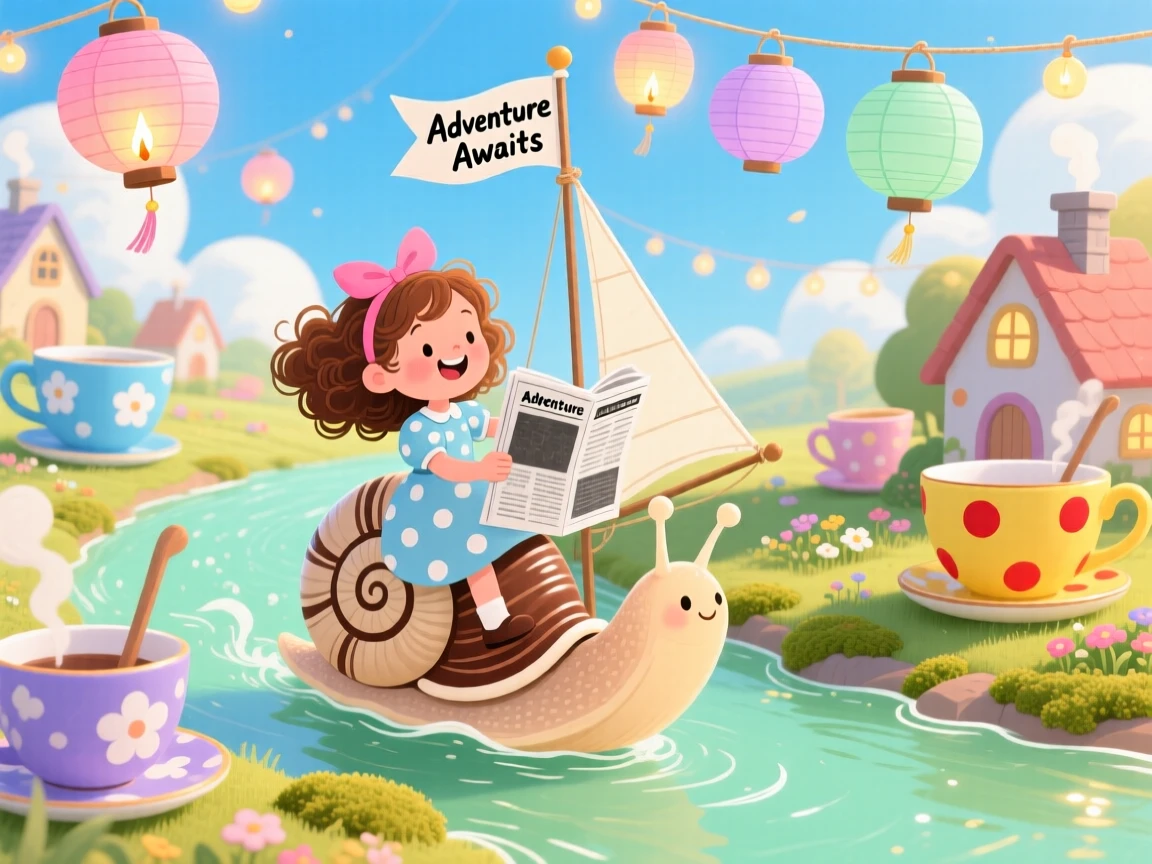 A girl riding a giant snail delights in sailing a boat made from a folded newspaper, tucked within a world where teacups are houses, while little lanterns bob gently in the wind.