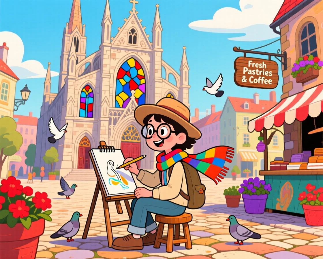 A traveler sketching a cathedral in a European square.