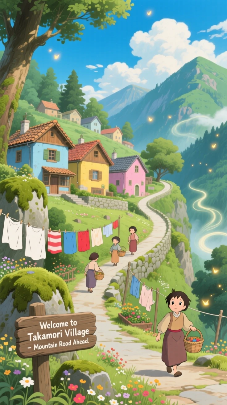A scenic view of a mountain village reached only by a winding switchback road, with laundry strung between colorful buildings.