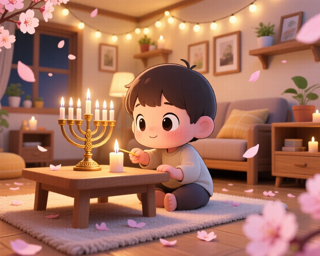 In a warmly decorated home, a small child is lighting a menorah candle with careful focus as cherry blossom petals drift on the breeze, bathed in glowing string lights, expression full of quiet contentment. Shot as a worm's-eye view.