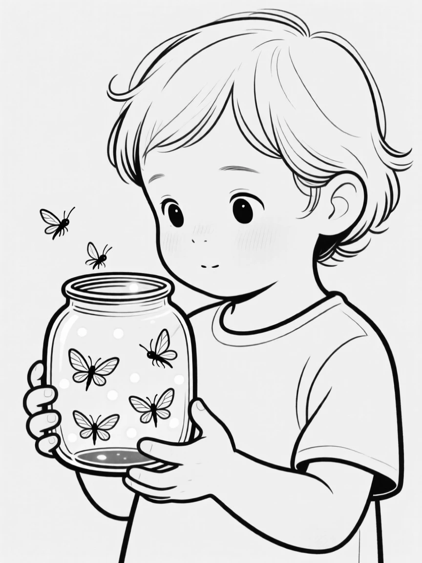 A portrait of a child holding a jar full of fireflies