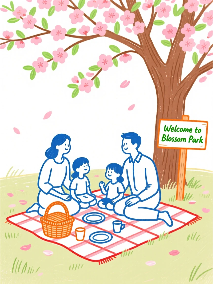 A family enjoying a picnic under a blossoming tree.