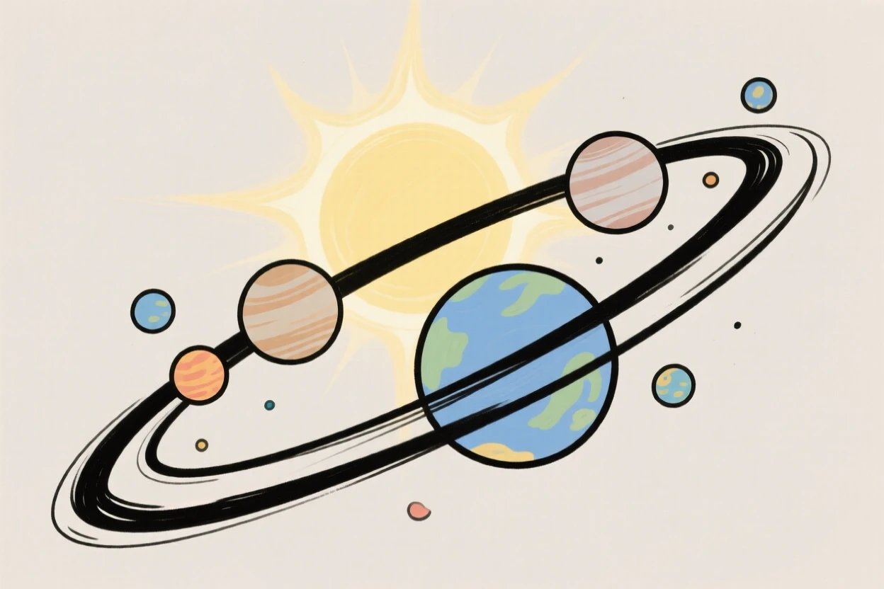 A group of planets floating together with a glowing sun in the background.