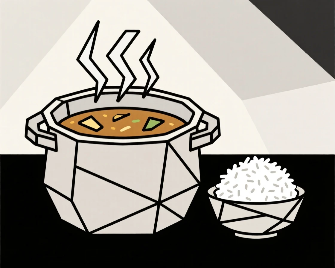 A pot of simmering curry with rice on the side