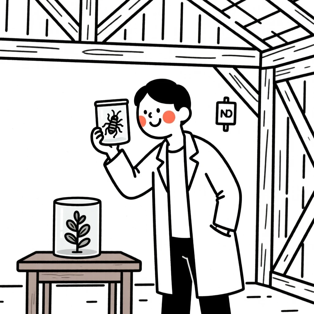 A scientist examining a specimen, beaming with pride, in a rustic barn.