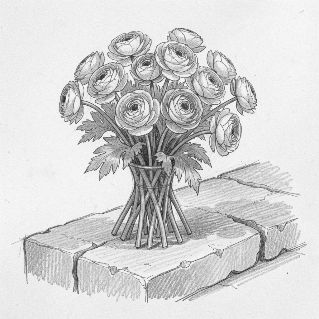 An elegant arrangement of a bouquet of ranunculus on an old stone step, glowing softly in the late afternoon light.