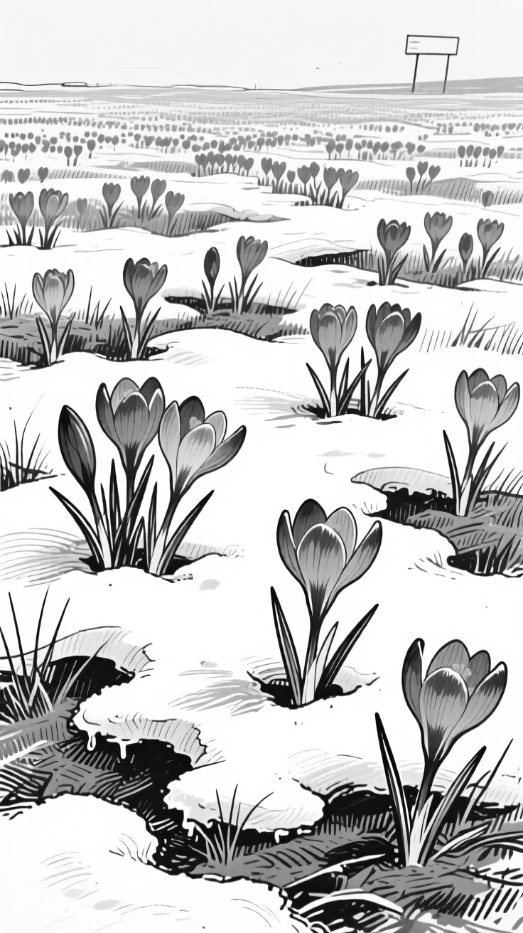 A field of purple crocuses blooming through patches of melting snow.