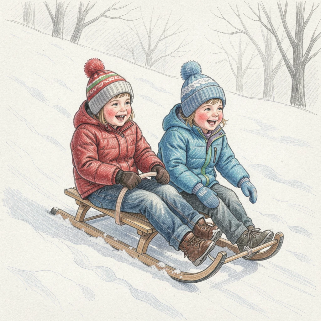Children sledding down a snowy hill with joyful expressions, with tender, candid details that feel true to life, celebrating the simple magic of everyday family moments.