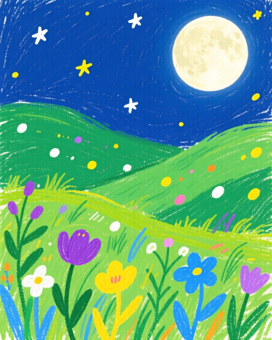 A view of a wildflower valley illuminated by a full moon on a clear night.