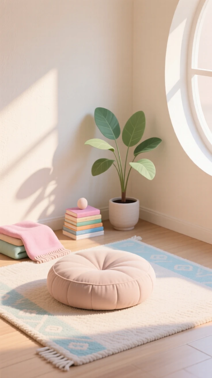 A meditation cushion set in a quiet sunlit corner, arranged in a cozy corner filled with soft textures, composed with soft natural light falling diagonally across the scene, with gentle pastel tones evoking calm and comfort.