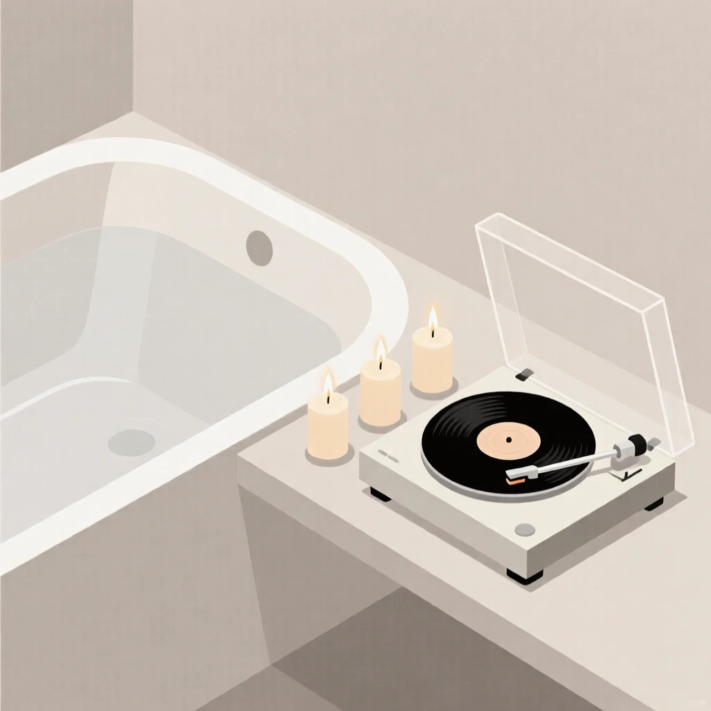 A tidy bathtub with candles arranged near a vinyl record player in a minimalist studio, expressing calm comfort.