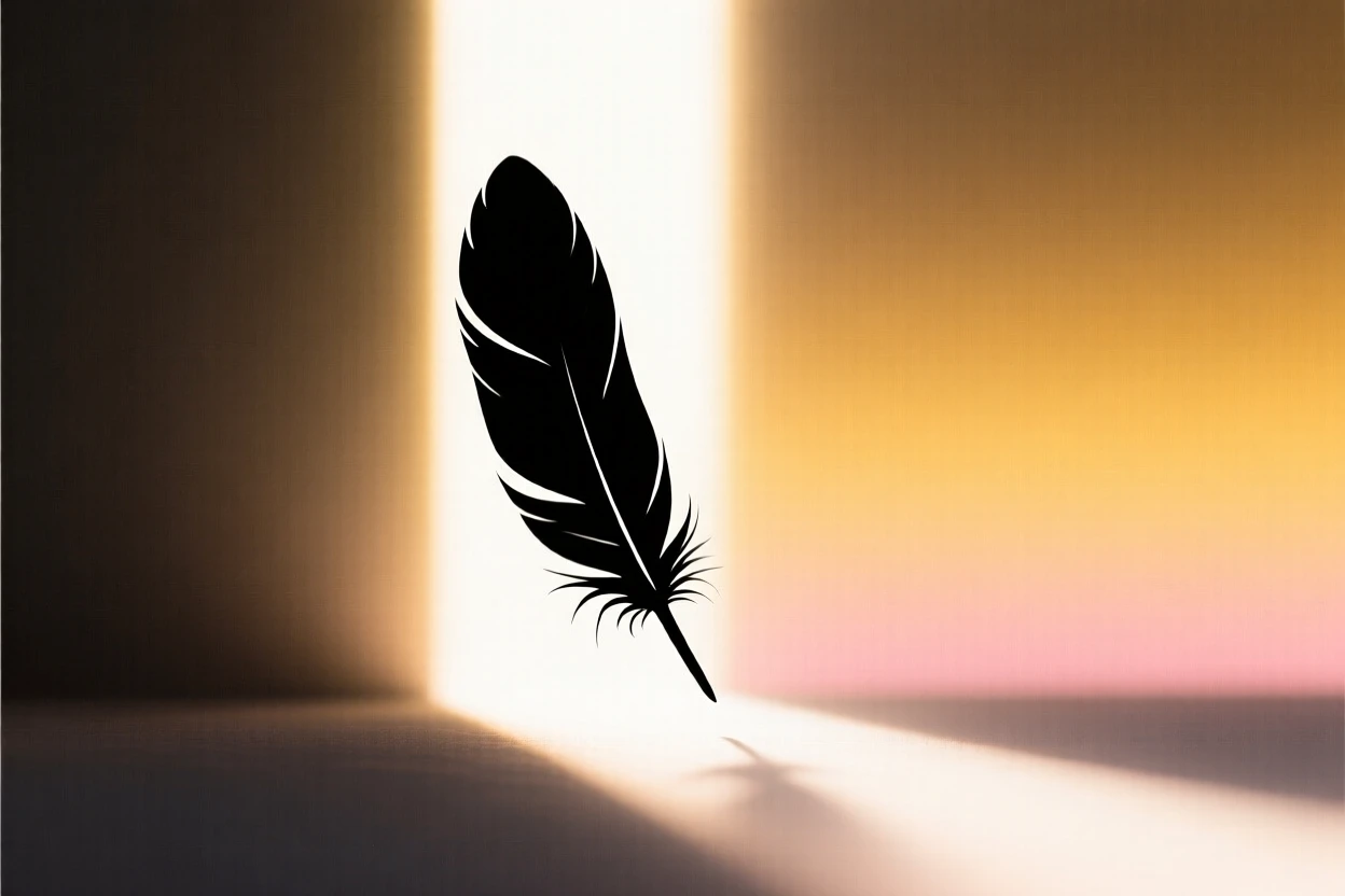 A single feather drifting slowly down through a beam of soft light.