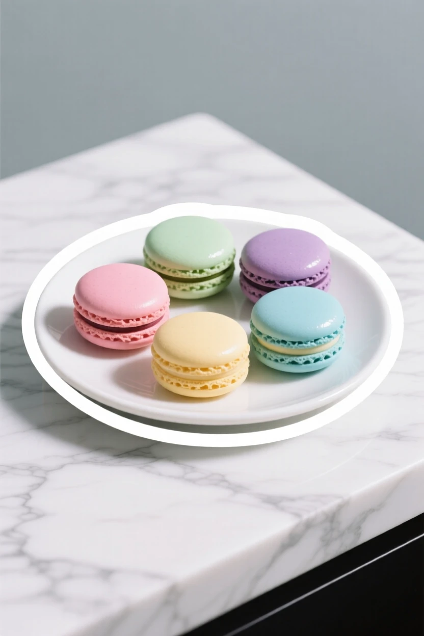 A cozy and comforting plate of colorful macarons, glistening with a light glaze, on a marble countertop with soft shadows.