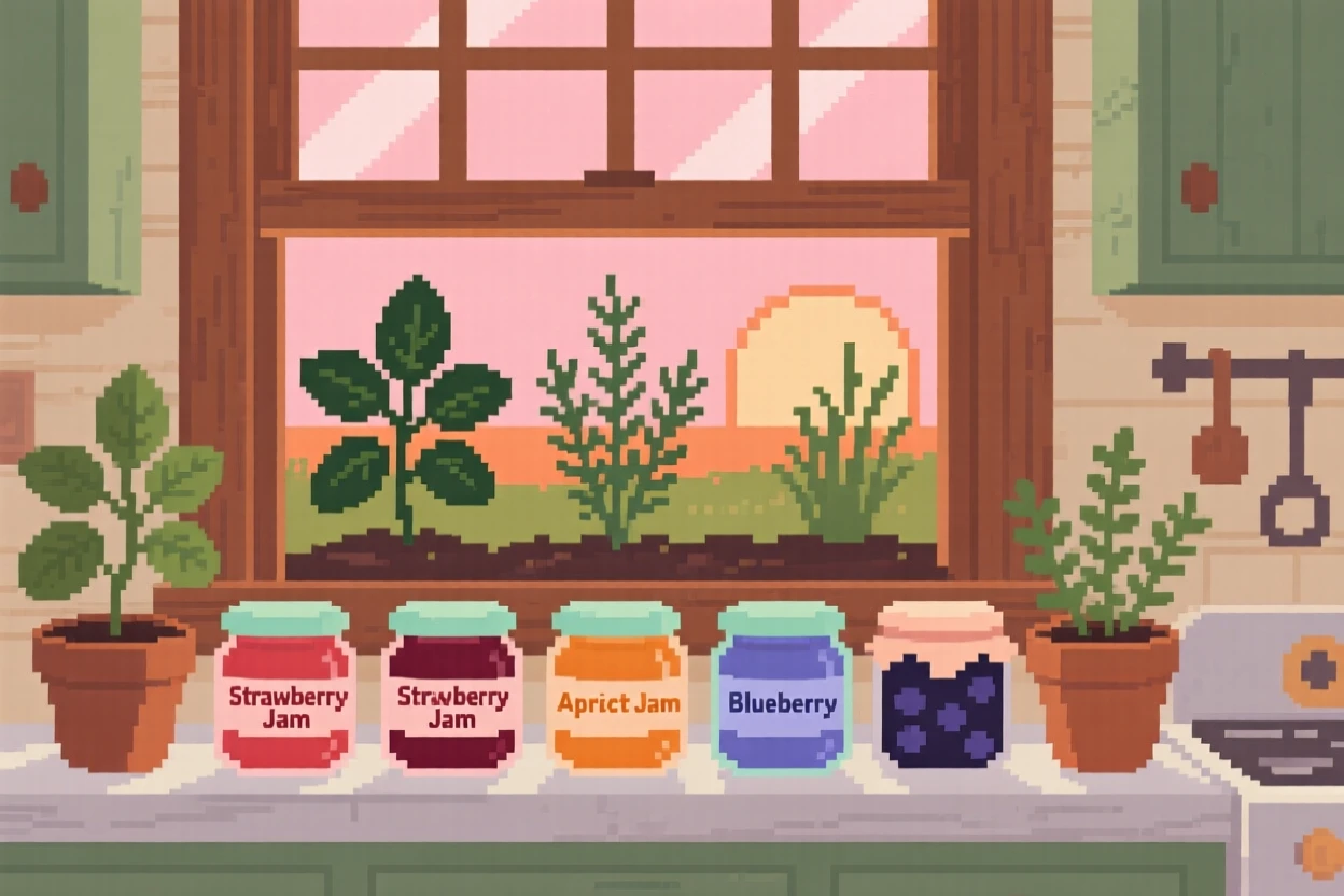 A windowsill herb garden lined with jars of homemade jam, in a farmhouse kitchen at sunrise.