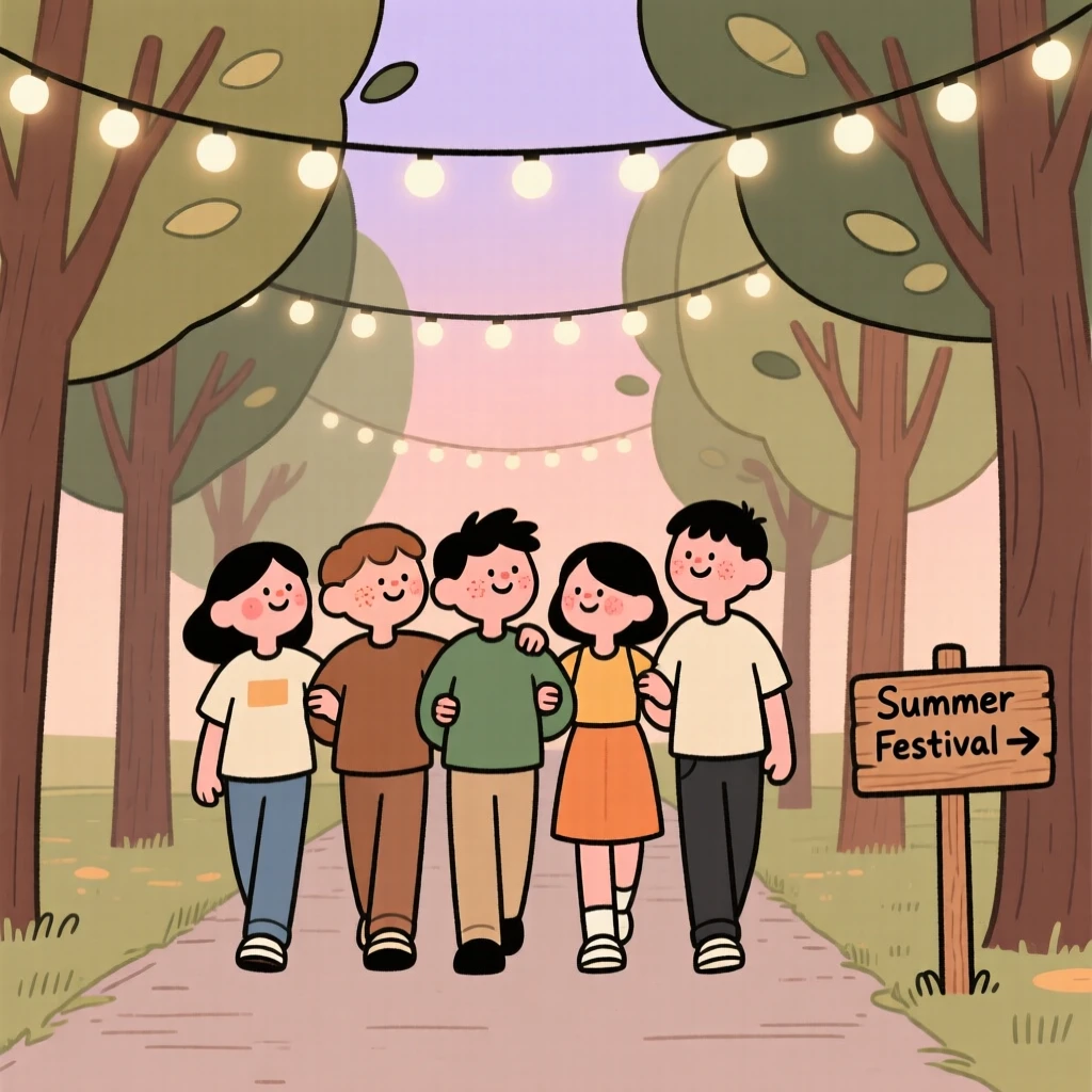 A group of friends link arms and walk down a tree-lined avenue lined with string lights overhead, heading toward a summer festival.