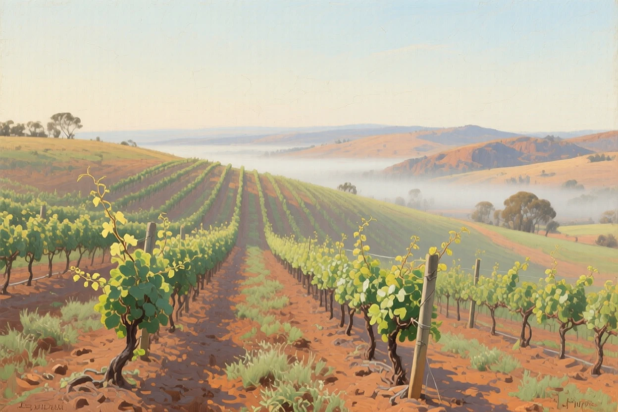 An expansive vista of a vineyard with neat rows of vines climbing a gentle slope, in the Australian outback, in early spring, in a light morning mist.