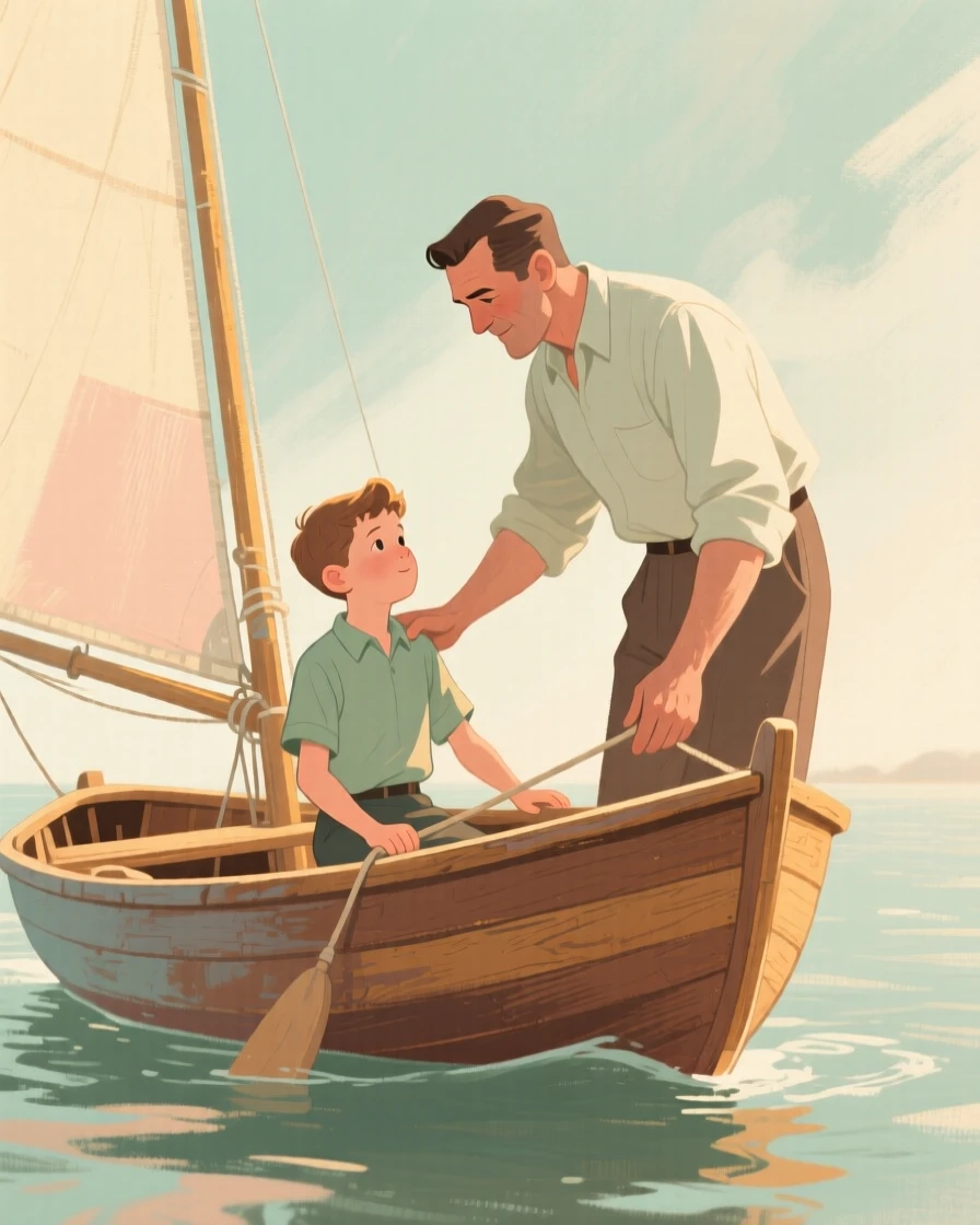 A father teaching his son to sail a small wooden boat