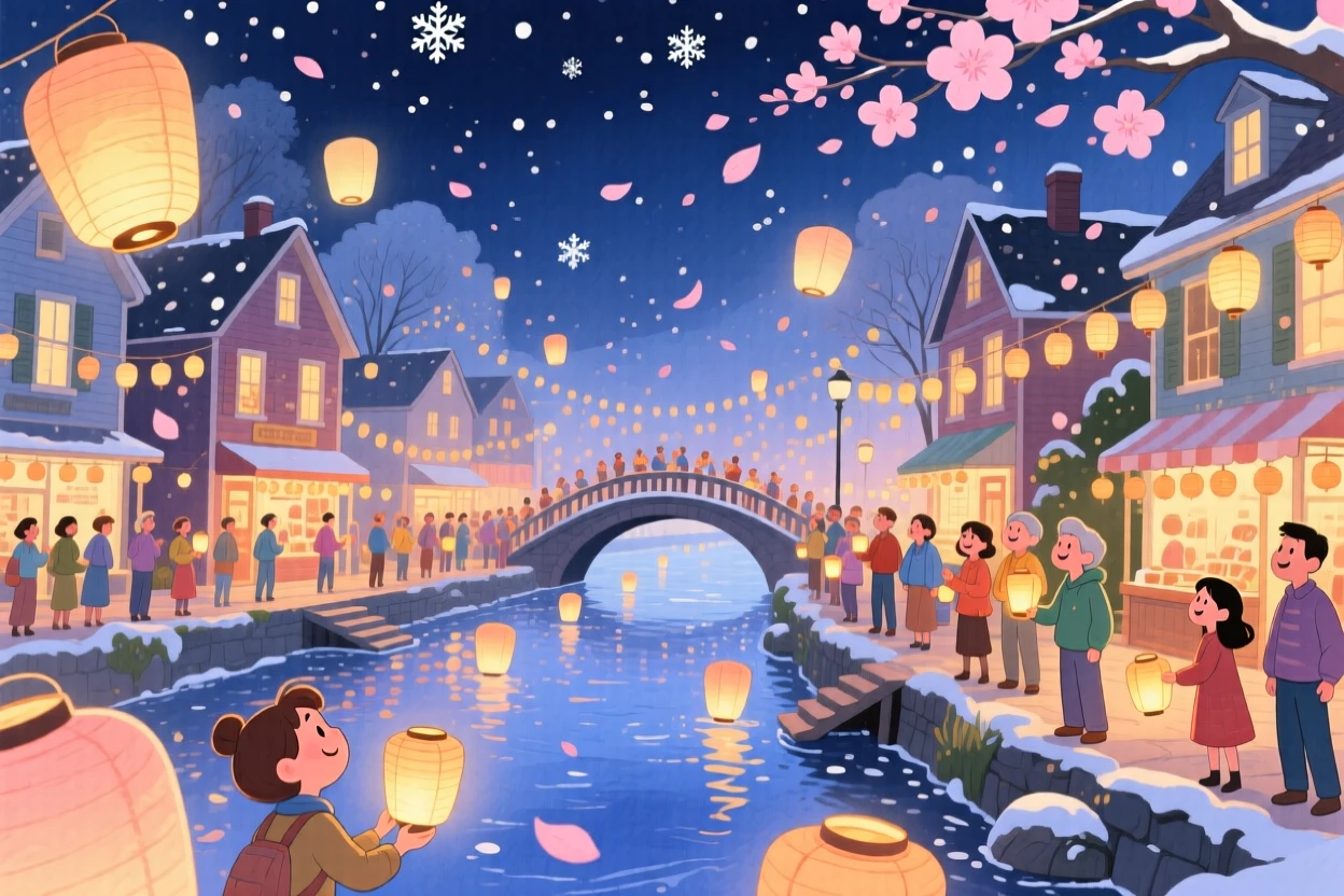 A festival parade with lanterns floating down a river, in a riverside town glowing with paper lanterns at night, with soft snow or petals drifting gently through the scene, evoking communal celebration and wonder.