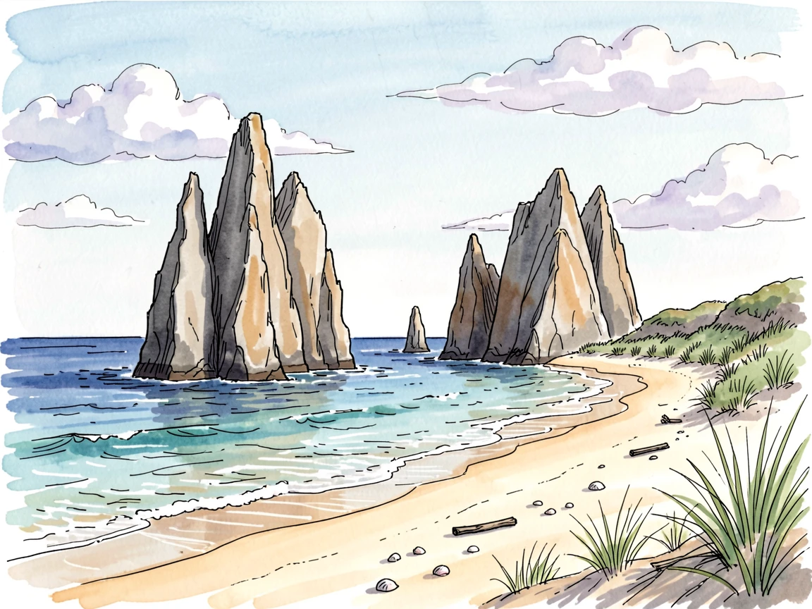 A secluded beach cove framed by towering sea stacks, clouds drifting slowly across an otherwise clear sky.