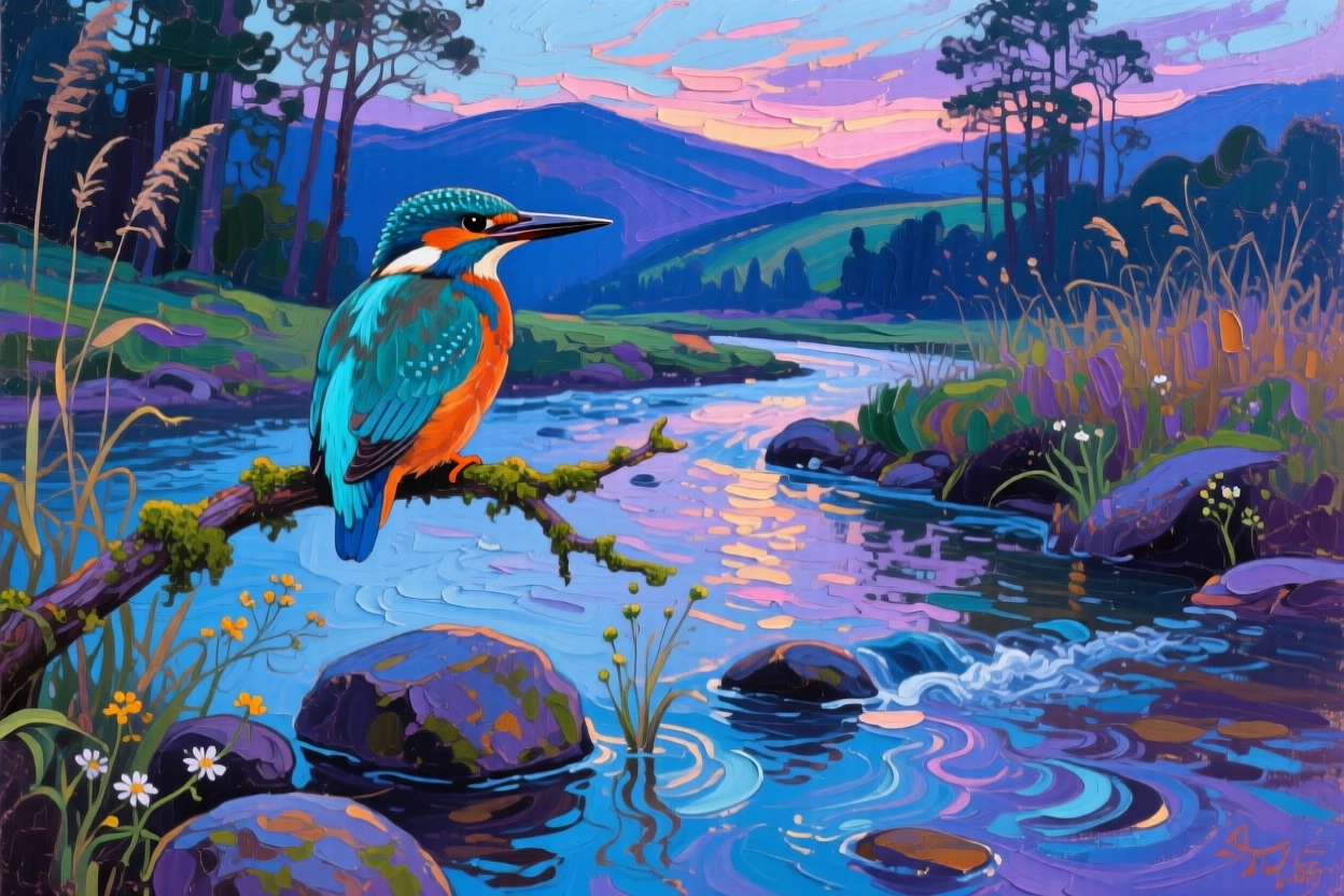 a kingfisher poised above a clear stream, at twilight, with a clear foreground, subject, and distant setting.