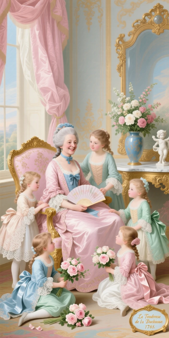 An elderly duchess smiling as her grandchildren gather around her chair  
