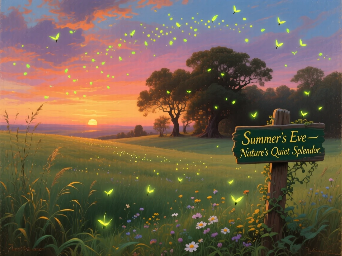 Fireflies rise over a summer field as the sun sets in the distance.