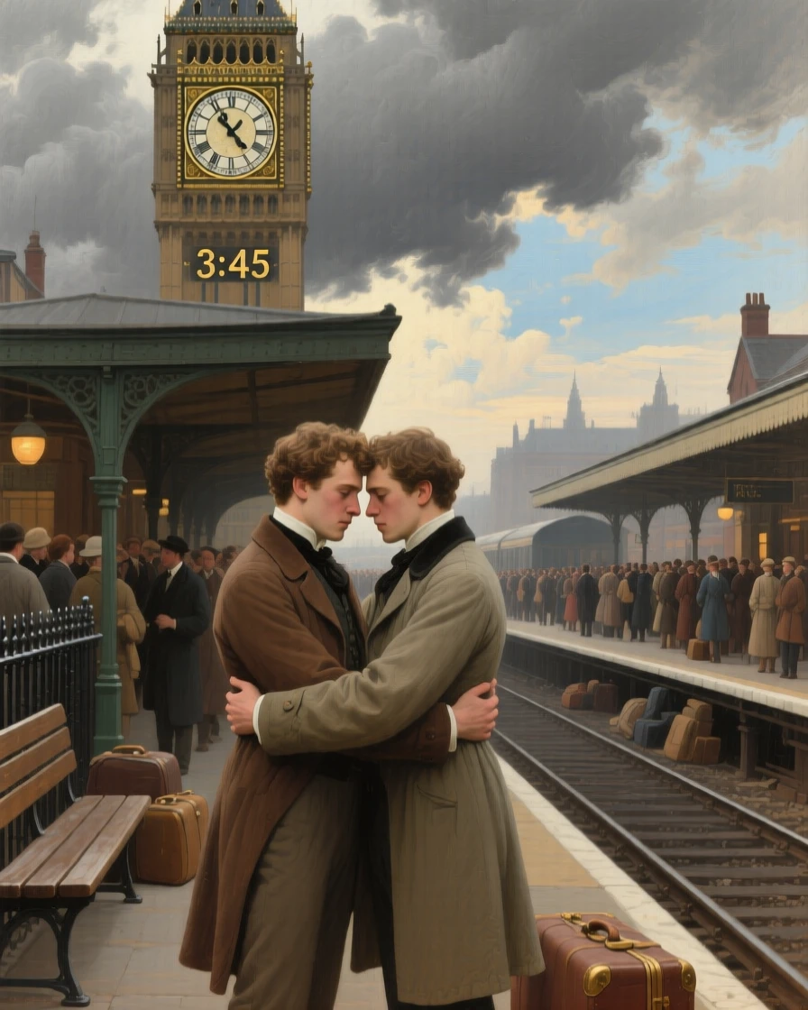 Two estranged brothers embracing after years of separation just as relief washes over every face, set at a crowded railway platform beneath a clock tower, with storm clouds parting just behind the embracing figures; the two central figures are drawn close together in an intimate embrace, radiating hope restored after long hardship.