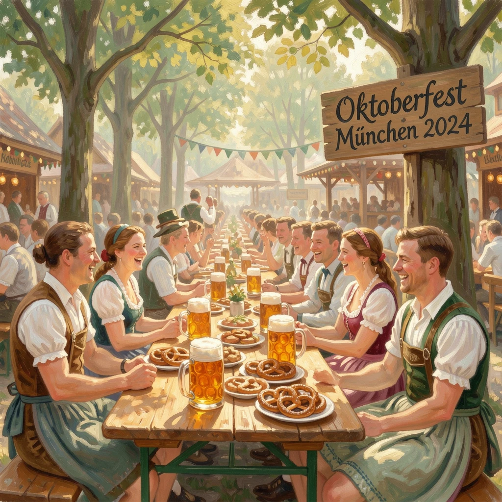 A traditional Oktoberfest celebration in Munich, long tables filled with steins, pretzels, and cheerful crowds.